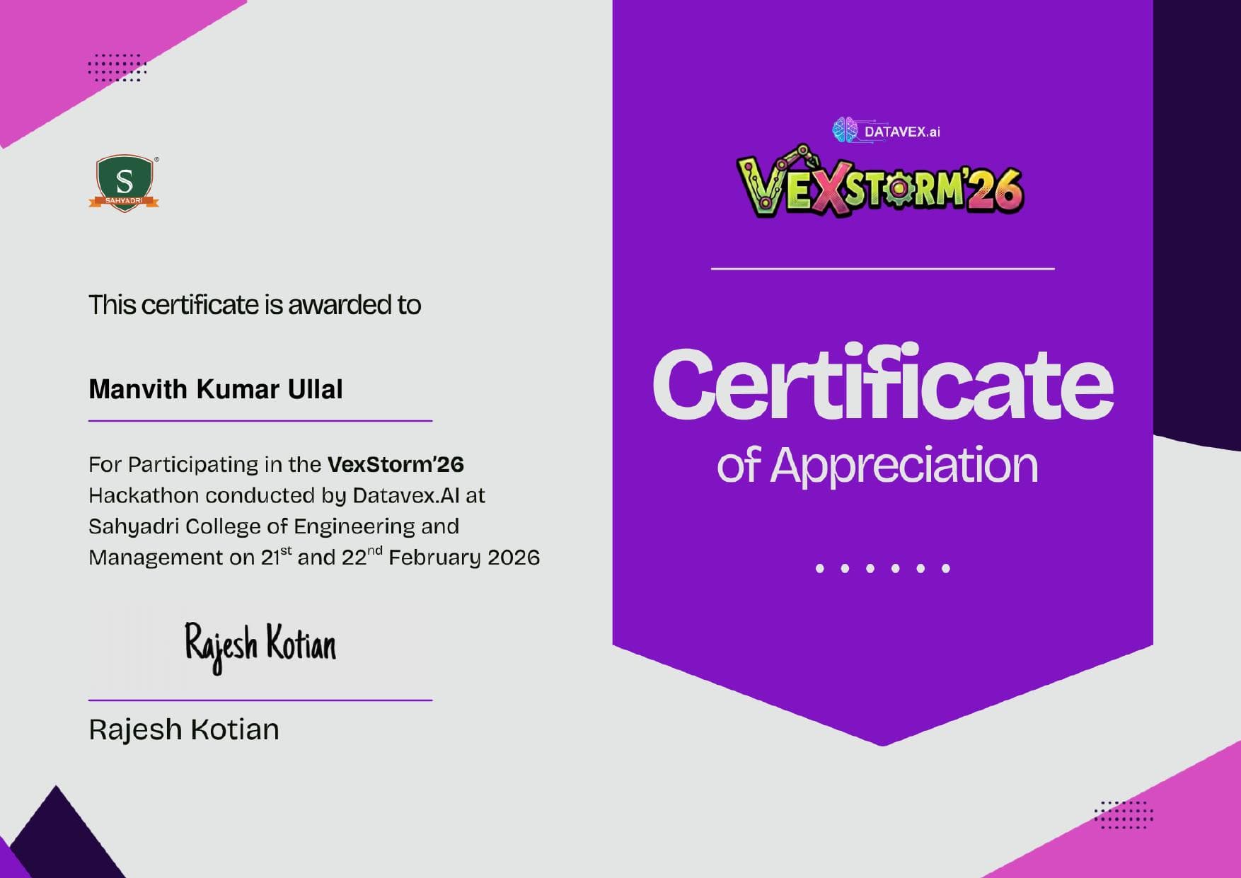 Participant – VexStorm'26 Hackathon